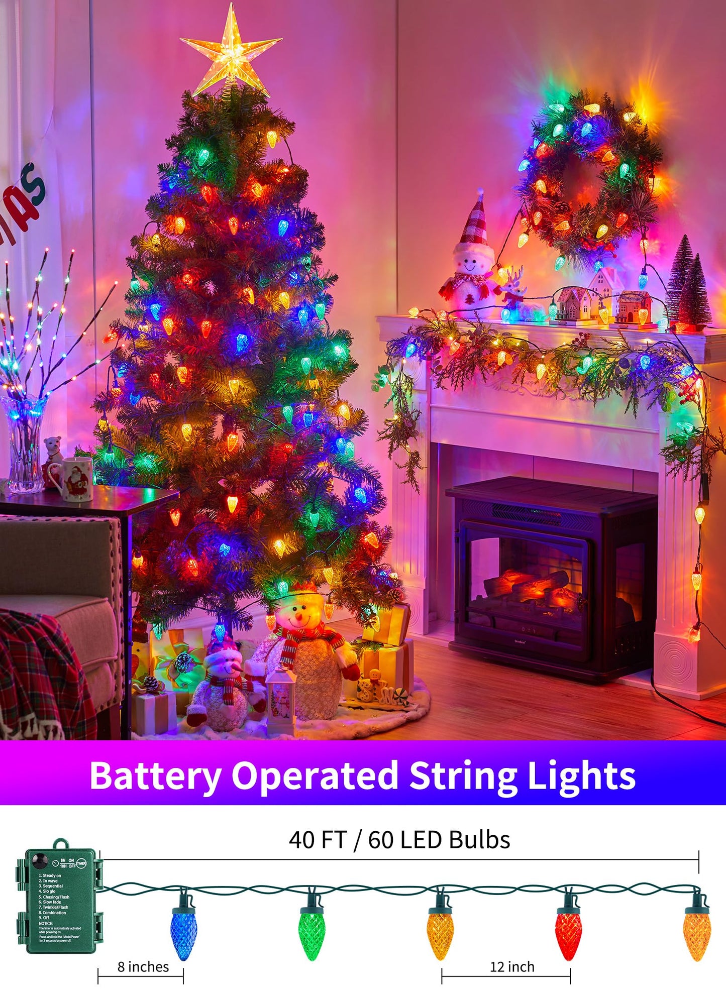 Minetom C9 LED Christmas Lights, 40ft 60 Multicolor String Lights with Timer, Waterproof for Indoor/Outdoor Use